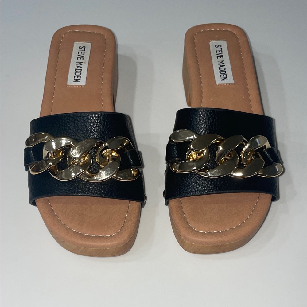 Steve Madden Black Leather Slide Sandals with Gold Chain